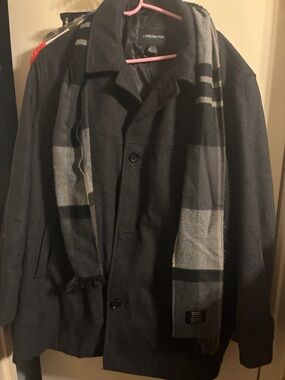 London Fog Men’s Black Pea Coat with Gray Plaid Scarf
